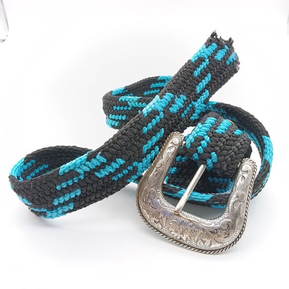 Handmade Woven Western Belt With Ornate Silver Buckle Black & Turquoise 42 Inche - Picture 1 of 3